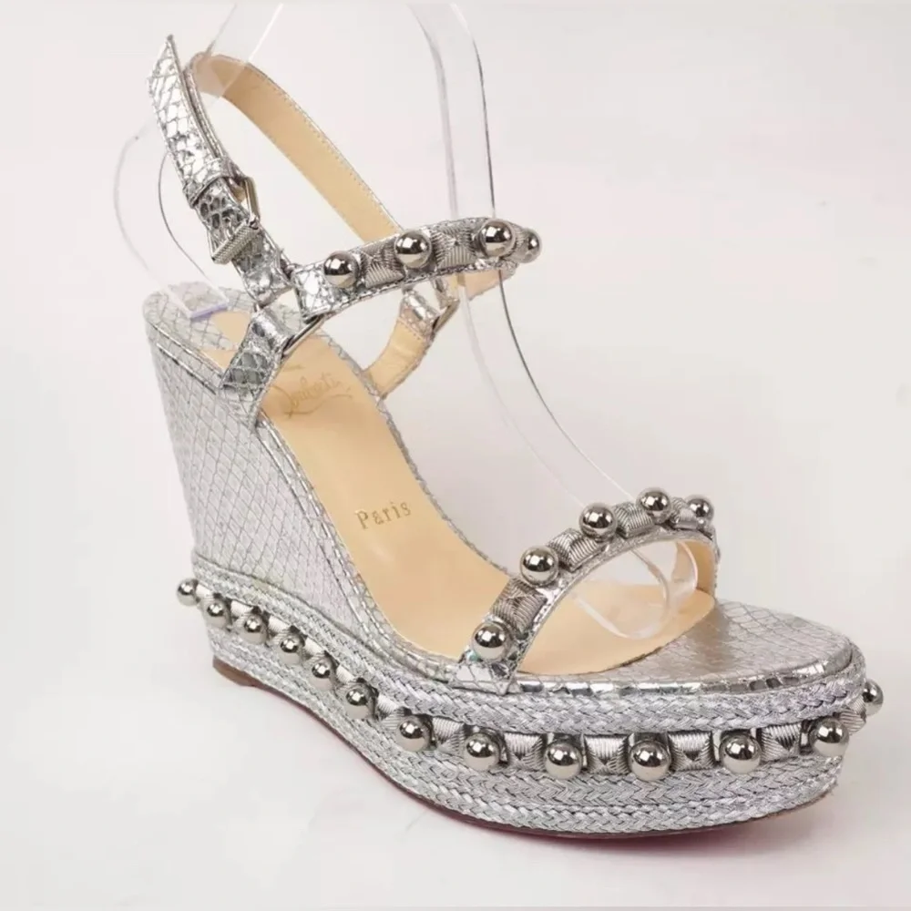 ๐ฅCHRISTIAN LOUBOUTIN 100% AuthSilver Snake&Embellished Platform Espadrille 39 - Picture 12 of 16